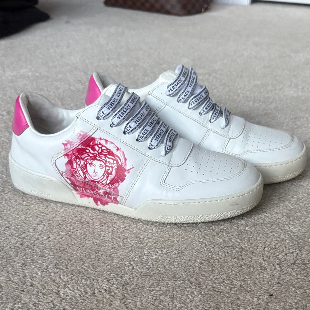 Versace Women's White Sneakers with Pink Highlights